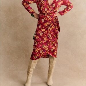 Sezane Red and Yellow Floral Long Sleeve Dress